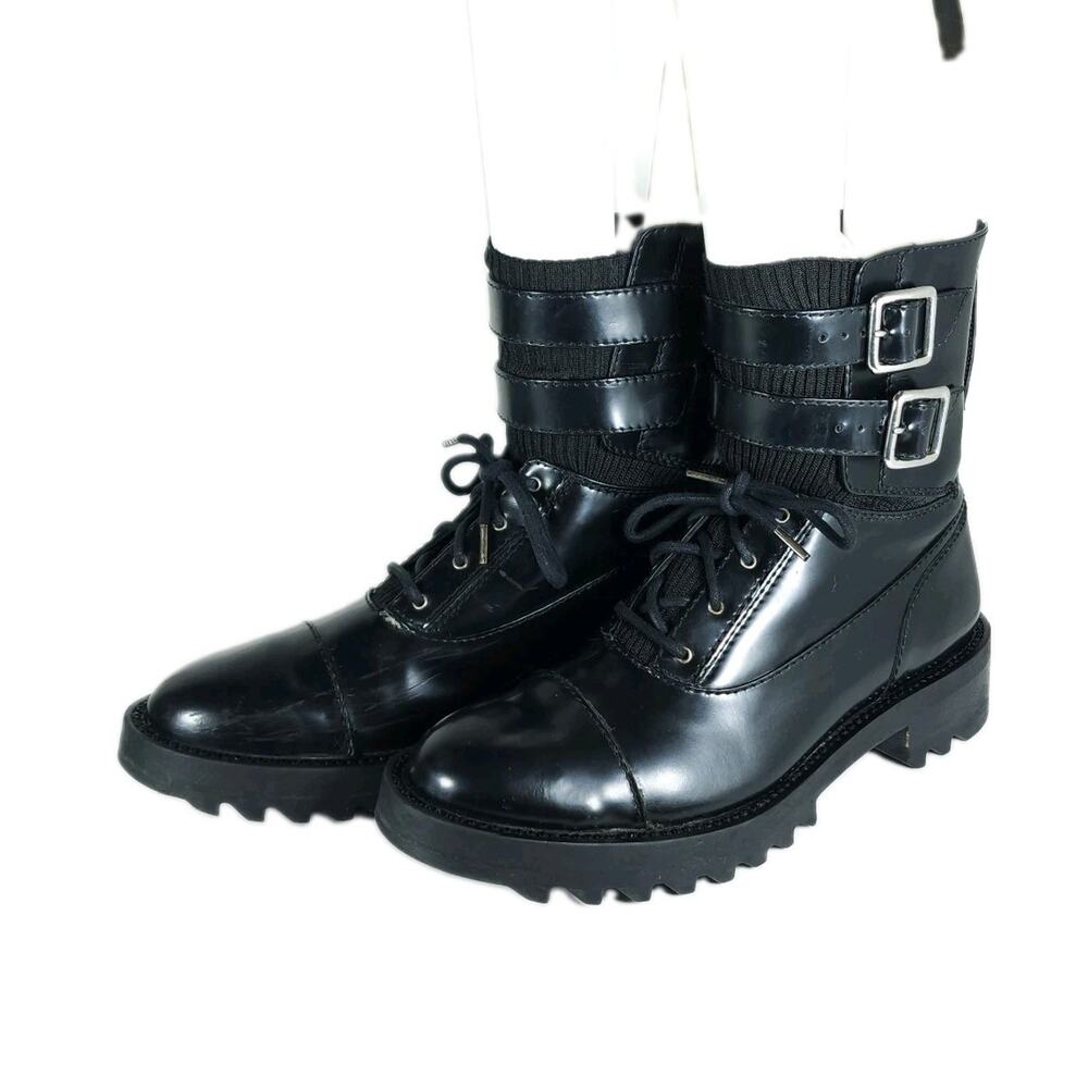 TAMARA MELLON Women's US8 EU38,5 Black Patent Leather Lace Up Combat Boots
